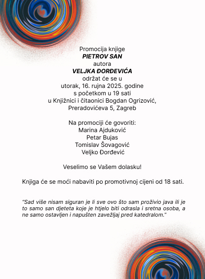 Najava: Promocija knjige "PIETROV SAN" uglednog psihijatra dr. Veljka Đorđevića