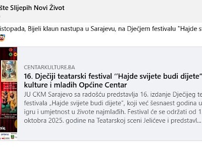 Kazalište Slijepih i Slabovidnih "Novi Život" s ponosom najavljuje gostovanje u Sarajevu!