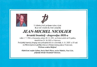 Službena obavijest: Posljednji ispraćaj heroja Vukovara Jean-Michela Nicoliera
