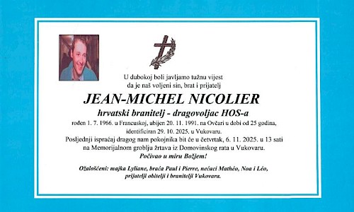 Službena obavijest: Posljednji ispraćaj heroja Vukovara Jean-Michela Nicoliera